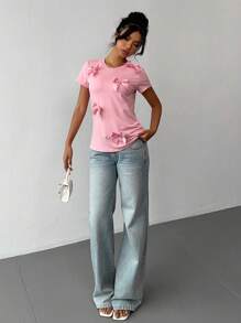 Chiquease Áo thun tay ngắn họa tiết nơ trơn màu thời trang mùa hè - Hồng - Xem 3