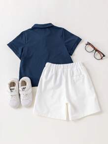PrepCrw Young Boys Academy Style Navy T-Shirt And White Shorts 2 Pieces Set,Summer School Tops Cute Back To School Outfit Clothes For Teen Boys - Multicolor - View 3