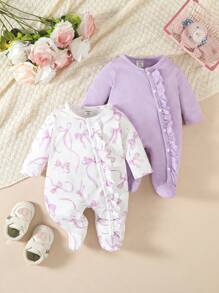2pcs/Set Newborn Baby Pink & White Butterfly Print Long Sleeve Footed Romper Pajama Set