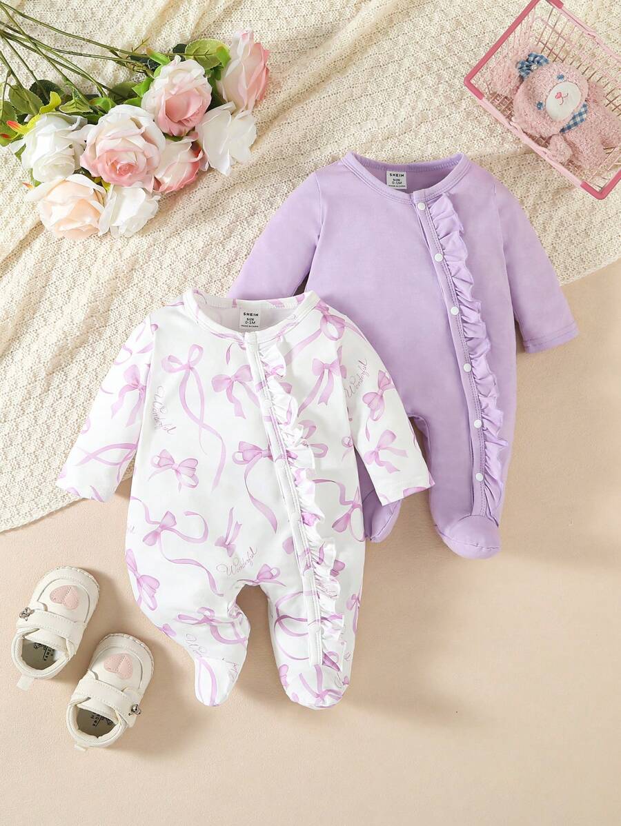 2pcs/Set Newborn Baby Pink & White Butterfly Print Long Sleeve Footed Romper Pajama Set
