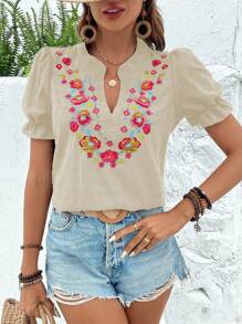 Breezaya Áo sơ mi tay ngắn cổ bẻ thêu hoa thường ngày ngày lễ, thích hợp cho mùa hè - Màu Khaki - Xem 5