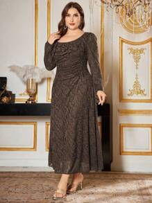 Modelyn Váy suông dài tay dệt kim Jacquard thanh lịch, cỡ lớn, mùa xuân/thu - màu nâu - Xem 4