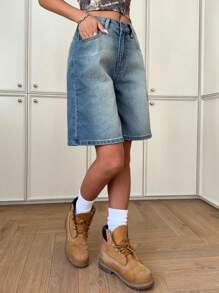 SHEIN Teen Girl's Spring Summer Y2K Retro 2000S Vintage Washed Low Waist Baggy Casual Wide Leg Denim Jeans Long Shorts,Summer Beach Boho Vacation Shorts, Summer Concert Festival Casual Rave Outfits, Girls Summer Brunch Graduation Outfits - Medium Wash - View 5