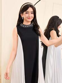 Vestido holgado de punto de cuello redondo elegante con parches plisados para adolescentes