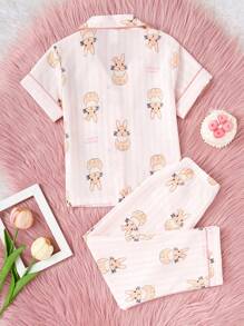 2pcs/Set Girls'' Cute Rabbit Print Short Sleeve Cardigan And Pants Set, Casual And Comfortable Homewear - Multicolor - View 2