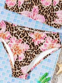 SHEIN Leap Crew Bộ đồ bơi Tankini họa tiết hoa và da báo dành cho bé gái tuổi teen phong cách tối giản thường ngày của Coconutgirl, phù hợp cho mùa hè - Nhiều màu - Xem 4