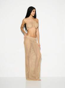 KIZN Knitted Crochet Co-Ord Set Two Piece Crop Top And Maxi Skirt Beachwear Resort Wear Summer Vacation Outfit Festival Fashion Bohemian Style Ibiza - Khaki - View 5