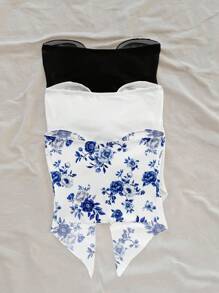 Soleia 3 件热带花卉印花性感扭纹前短款吊带背心，休闲度假，黑白蓝色，Y2K Coconutgirl 波西米亚节日风格 - 彩色 - 查看 2