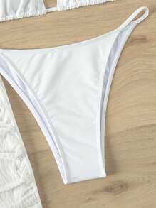 SHEIN Women's New Fashion Solid Color Elegant Sheer Long Sleeve Deep V-Neck Metal Accent Summer Beach Vacation Dress+Solid Color Spaghetti Strap Side High Cut Thong Two Pieces Bikini Set - White - View 3