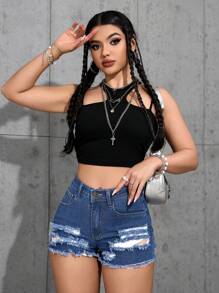 SHEIN PETITE Women's Fashion Casual Ripped High Waist Denim Shorts - Dark Wash - View 3