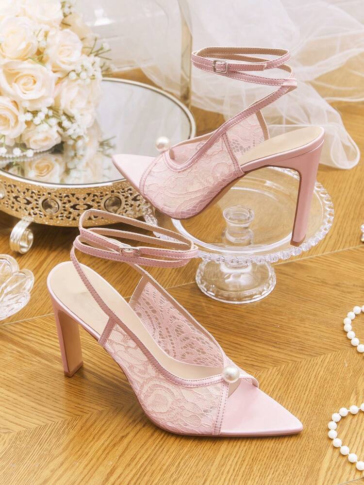 CUCCOO HITCHD Women's New Ankle Strap Pointed Toe Pearl Decor Chunky Heel Elegant Romantic Fashion Pale Pink Mesh Lace High Heel Sandals, Bridal Wedding Party Evening Formal Dress Shoes