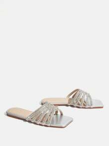 CUCCOO TILAWA Ladies Metal Buckle Flat Sandals In Red - Silver - View 4