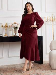 Modelyn Plus Size Women Solid Color Crew Neck Lantern Sleeve Pleated Ruffle Hem Elegant Midi Dress - Burgundy - View 6