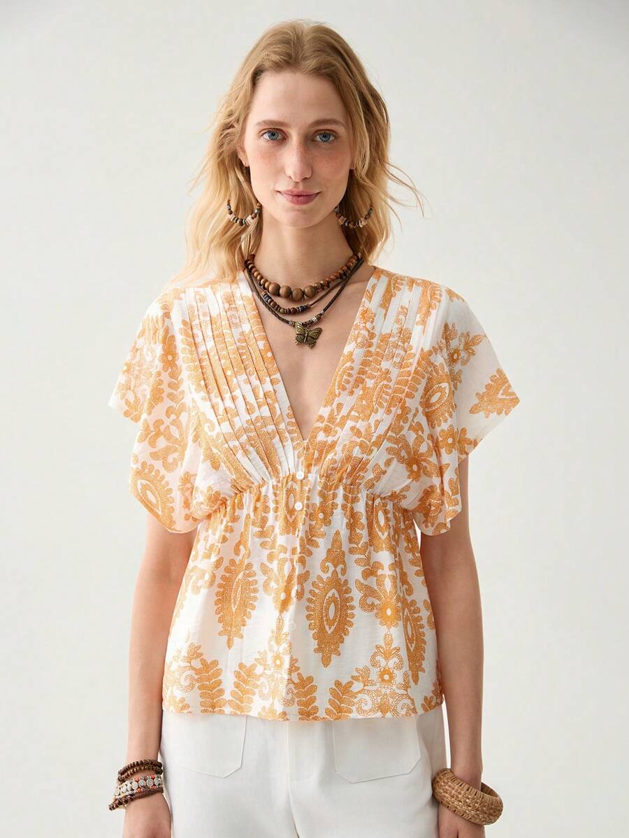 Florisole Women's Boho Woven Fabric Blouse With Deep V Neck And Short Sleeves Featuring A Chic Wrap Design And Regular Hem - Multicolor - View 1