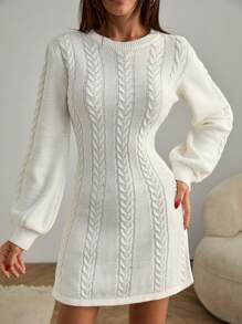 EURMUSE 女士迷你毛衣裙 - 休闲长袖针织套头衫，罗纹下摆，宽松版型 - 奶油色 - 查看 5