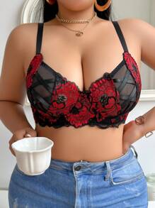 Conjunto de lencería con sujetador inalámbrico y sujetador de encaje floral delicado con diseño de cruce, talla grande