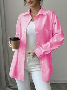 Chiquease 女士休闲粉色蝴蝶印花纽扣前襟衬衫 - 粉色 - 查看 4