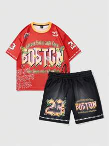 ROMWE MEN Prep 2pcs/Set Men's Y2K Jersey Street Graphic Print Short Sleeve T-Shirts, Suitable For Everyday Wear In Spring/Summer Vacation - Black - View 8