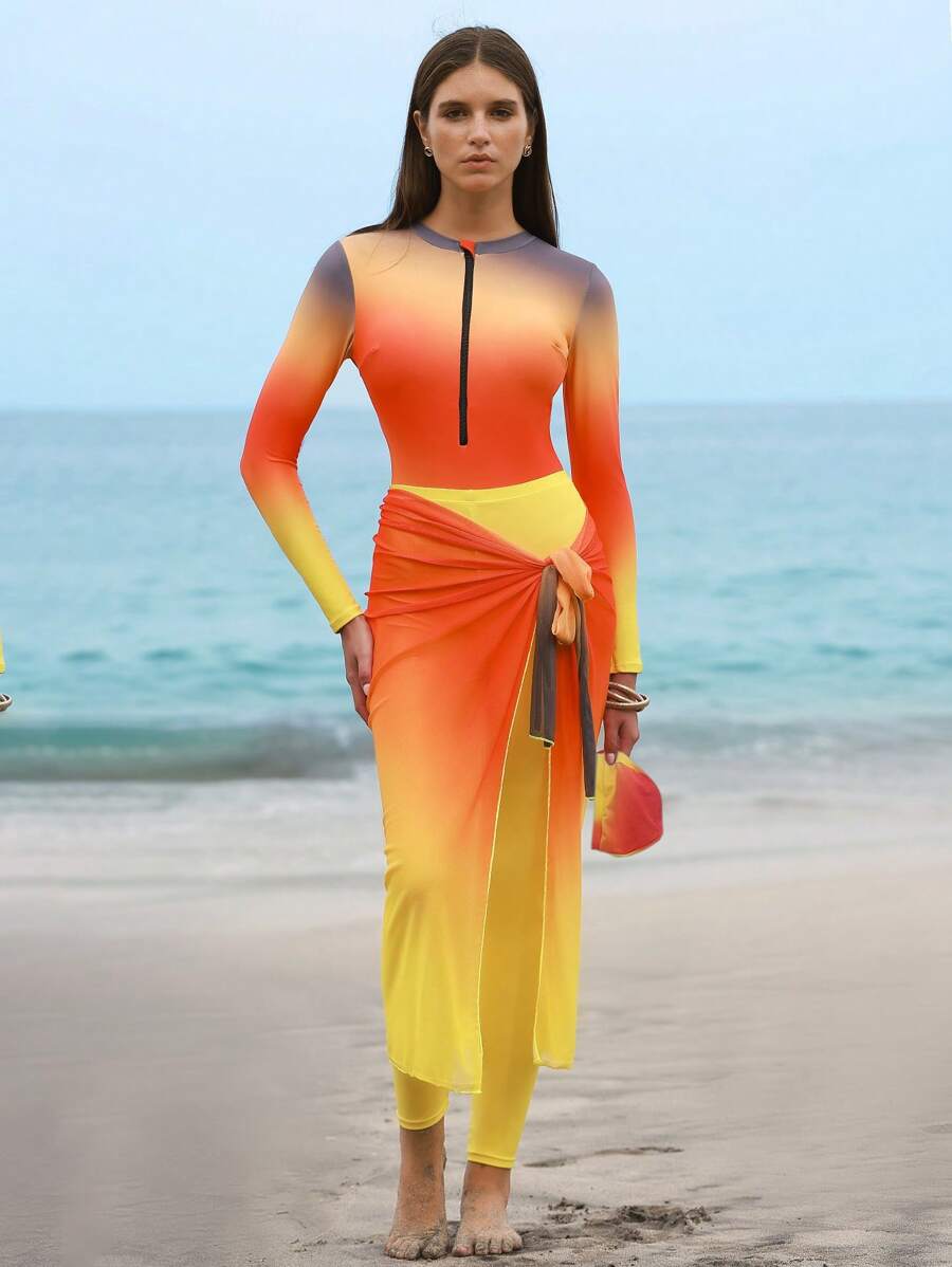 Swim Shayni 4pcs/Set Women Random Print Round Neck Long Sleeve Romper, Elastic Waist Long Swimming Shorts, Skirt And Hat For Summer Beach Vacation - Multicolor - View 1