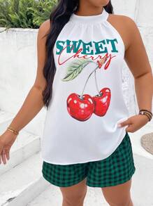 SHEIN VCAY 2pc Plus Size Sleeveless Top And Shorts Set,White,Summer,Casual,Beach,Holiday Cherry Vacation Outfits Green Pants St Pattys Day Off Shoulder - Green - View 3