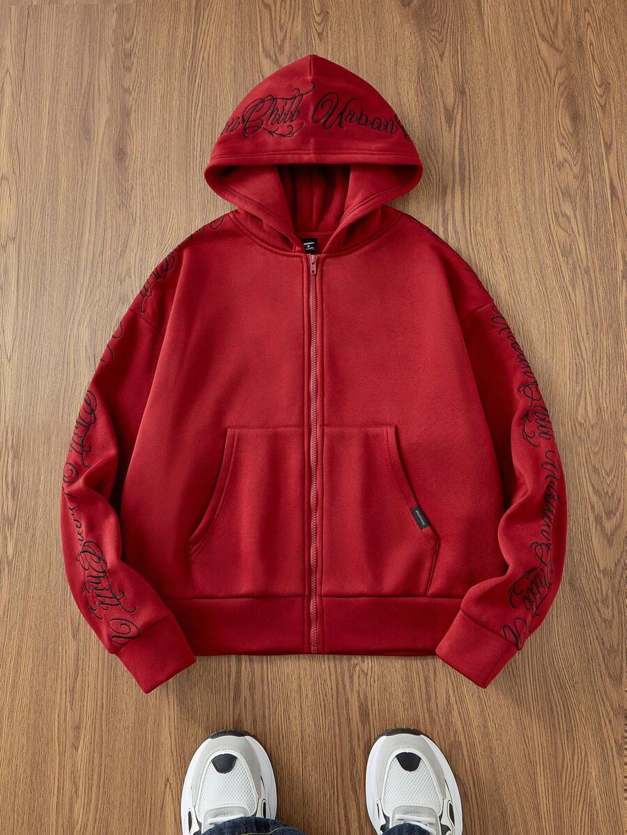 Manfinity VCAY Men's Knitted Casual Loose Fit English Embroidered Long Sleeve Hoodie, Fashionable Daily Wear, For Fall Winter - Burgundy - View 1