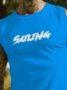 Manfinity Swimmode 2pcs Men's Letter Print Vest & Shorts Swimwear Set,Hawaiian - Blue - View 3