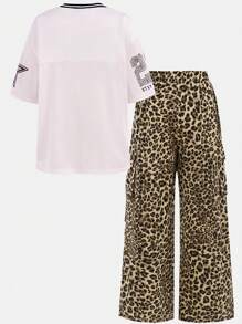 SHEIN Girlism 2pcs/Set Tween Girls Loose Casual Minimalist V-Neck Short Sleeve T-Shirt And Leopard Print Pants - Pink - View 2
