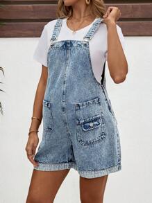 SHEIN 孕妇休闲百搭牛仔连体裤，带口袋，母亲节/妈妈/母亲/妈妈/母亲节/妈妈/妈妈/母亲节礼物，夏季/女士夏季服装/夏季服装/可爱夏季上衣/夏季下装 - 藍色 - 查看 4