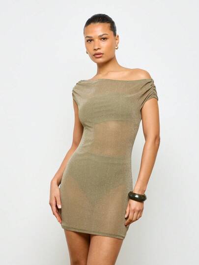 AiiRZ Vestido de fiesta mini ajustado con hombros descubiertos, efecto metálico brillante, para ocasiones especiales como Año Nuevo, celebraciones y eventos