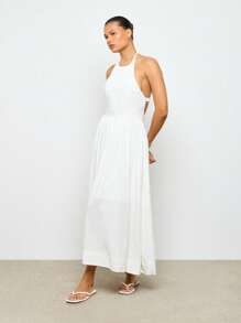 AiiRZ 优雅露背亚麻夏季中长连衣裙，清凉海滩婚礼宾客 A 字形太阳裙，飘逸裙摆，非常适合夏季花园派对 - 白色 - 查看 4