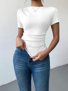 Chiquease 女士新款时尚褶皱肩短袖 T 恤 - 白色 - 查看 6