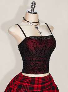 SHEIN ICON Plus Size Colorblock Flocked Punk Hollow Ruffle Camisole, Suitable For Music Festivals, Sexy, Y2K Style - Burgundy - View 4