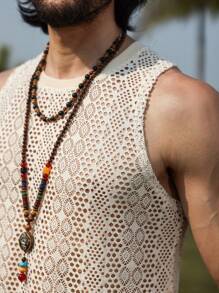 Manfinity Homme Men's Hollow Flower Textured Fabric Tank Top - Khaki - View 5