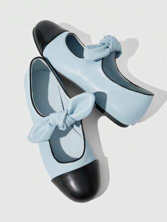 Kawaii Women Blue Flat Loafers Slip-On Bowknot Strap Mary Jane Leather Formal Work Oxfords