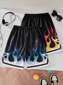 2pcs Tween Boys Fashionable Sports Flame Printed Shorts, Summer - Multicolor - View 2