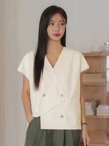 Dazy-Less 女式不对称休闲 V 领商务办公衬衫，短袖，带装饰水钻，夏季学院风上衣 - 白色 - 查看 6