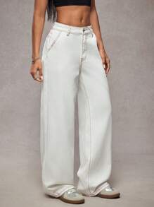 SHEIN ICON White Contrast Stitching Low Waist Utility Pockets Washed Denim Jeans - White - View 5