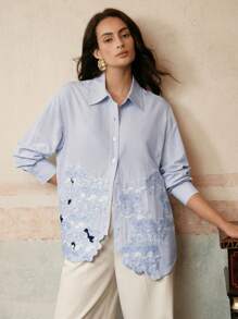 Anewsta Romantic Blue & White Stripe Embroidered Long Sleeve Casual Blouse, Suitable For Spring/Summer Renaissance Fairs, Festivals, Holidays, Vacations - Blue and White - View 4