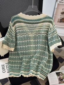 SHEIN Clasi Plus Size Women's Colorful Striped Short Sleeve Single-Breasted Cardigan