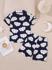 2pcs Girls Cute Cloud Print Shorts And Button Short Sleeve Cardigan Set, Leisure & Flame Retardant Pajama - Navy Blue - View 2