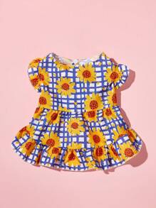 PETSIN 1 件宠物通用蓝色格子向日葵印花盖袖可爱狗狗连衣裙 - 彩色 - 查看 2