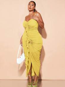 SHEIN BAE Plus Size Women Sweetheart Neckline Ruched Sexy Elegant Ruffled Front Long Dress,Birthday Dresses For Women - Yellow - View 4