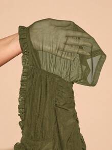 SHEIN BAE Plus Size Women's Summer Fashion Off-Shoulder Short Sleeve Ruched Blouse - Army Green - View 7