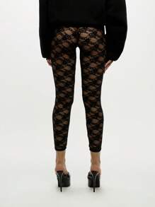 SUMWON WOMEN Hochtaillierte Burlesque-Spitzen-Leggings mit eleganten Schleifen-Details, Tanzaufführungskostüm Party Festival Gothic Alternative Mode Leggings, Abend Party Statement Hose - Schwarz - Übersicht 2
