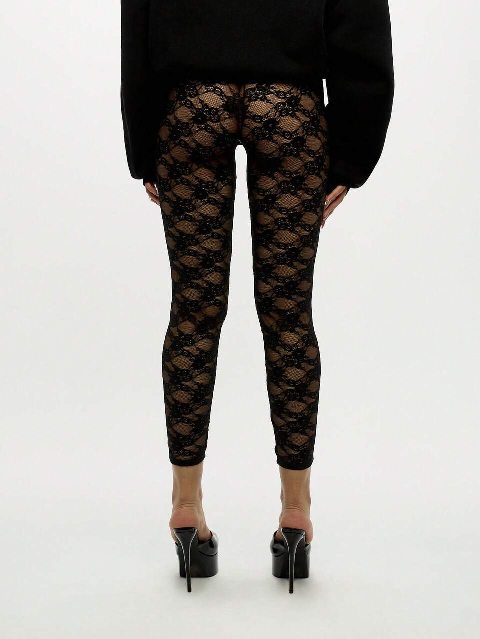 SUMWON WOMEN High Rise Burlesque Lace Leggings With Elegant Bow Details