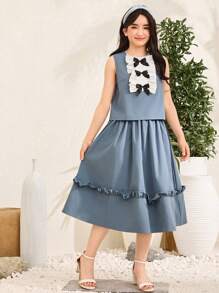 SHEIN 2 Stück/Set Teenager Mädchen Lässig Rundhals Patchwork Kontrast Farbe Rüschen Schleife Dekor Bluse und Rock Set - Pink - Übersicht 4