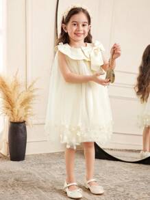 SHEIN Loose Casual Round Neck Sleeveless A-Line Dress With 3D Flower Decoration And Oversized Bow, Suitable For Weddings, Birthdays, Holidays, Parties In Apricot And Champagne Colors - Apricot - View 6