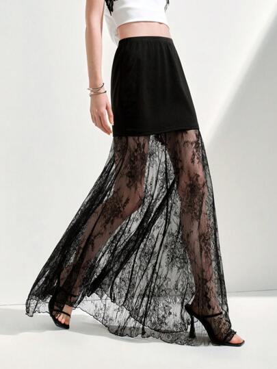 Arave Women's Elastic Waist Contrast Lace Skirt, Women's Black Long Lace See-Through Skirt, Sexy Bodycon Skirt, Flared Skirt, Suitable For Valentine's Day, Summer, Birthday, Valentine's, Sexy Bottom, Formal,Party, Fitted, Plain, Women's Basic, Western Women's Clothes, Summer, Tight, Easter, Spring Clothes