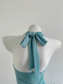 Elamini 女士闪亮亮片深 V 领细肩带迷你连衣裙，浅蓝色，春夏假期 - 藍色 - 查看 4