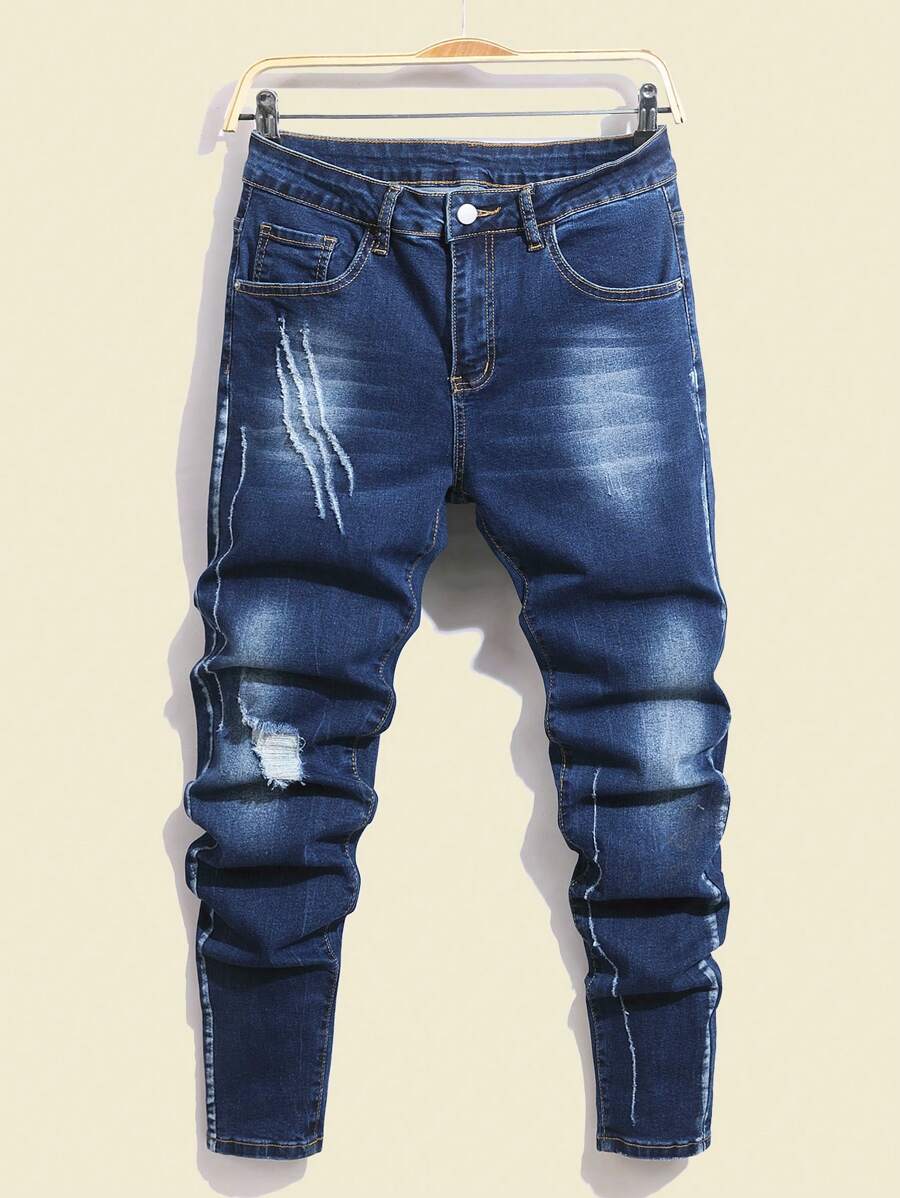 Manfinity Homme Men's Avant-Garde Street Casual Medium Wash Denim Jeans With Zipper Details And Distressed Ripped Design - Medium Wash - View 1